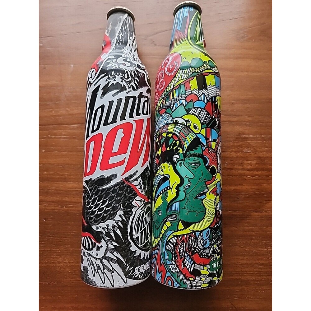 Two Mountain Dew Aluminum Bottles EMPTY 2009 Dragon and Faces